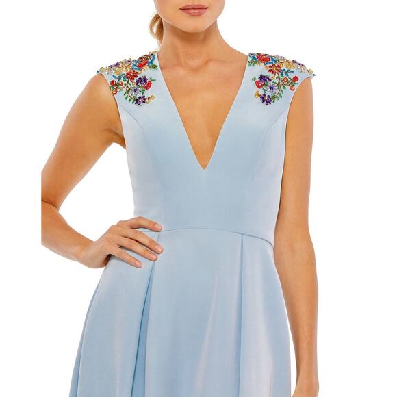 Mac Duggal Ieena Beaded Cap Sleeve V-Neck A Line Gown Dress Size 14 French‎ Blue - Picture 2 of 14